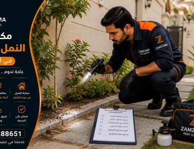 [الصورة 3 – صورة مقترحة لفني زمزوما يقوم بالفحص النهائي بعد معالجة النمل الأسود داخل منزل في أبوظبي] شركة مكافحة النمل الأسود بأبوظبي